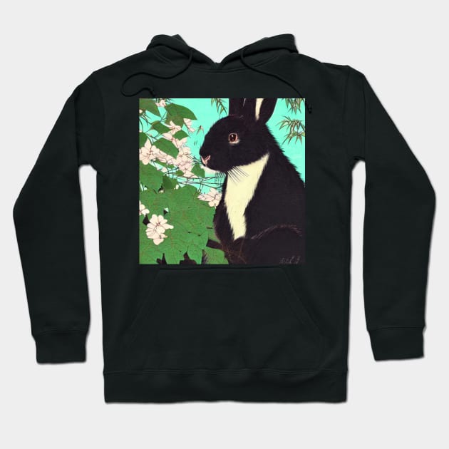 Cute Floral Black Fuzzy Lop Rabbit with Binkying Eyes Innocent Bunny Expression Emotional Animal Hoodie by wigobun